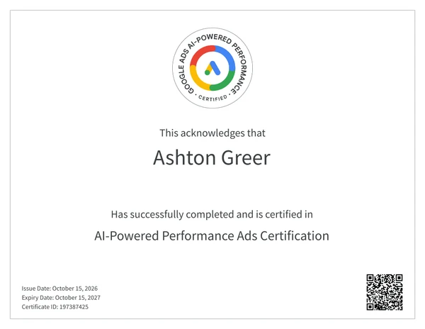 AI-Powered Performance Ads Certification certificate issued to Ashton Greer