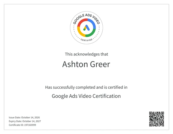 Google Ads Video Certification certificate issued to Ashton Greer