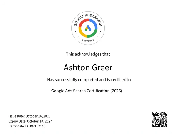 Google Ads Search Certification certificate issued to Ashton Greer