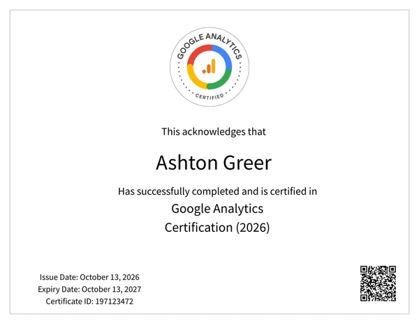 Google Analytics Certification certificate issued to Ashton Greer