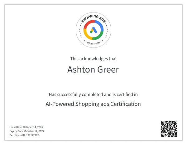 AI-Powered Shopping Ads Certification certificate issued to Ashton Greer