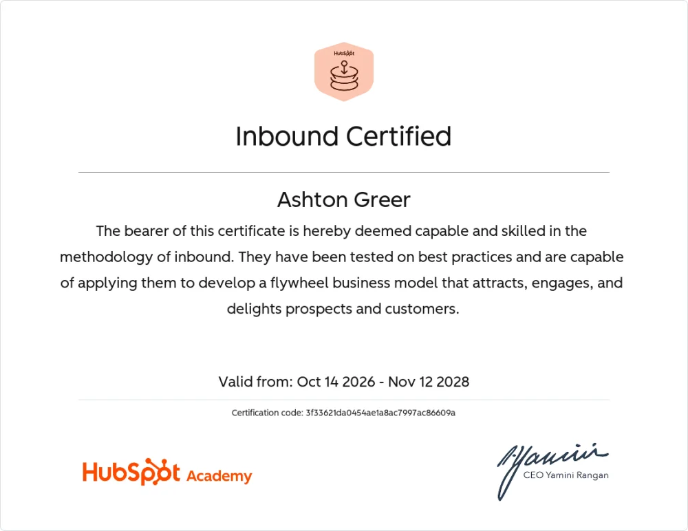 HubSpot Inbound Certified certificate issued to Ashton Greer