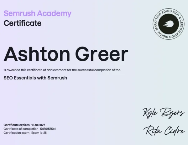 SEO Essentials with Semrush certificate issued to Ashton Greer
