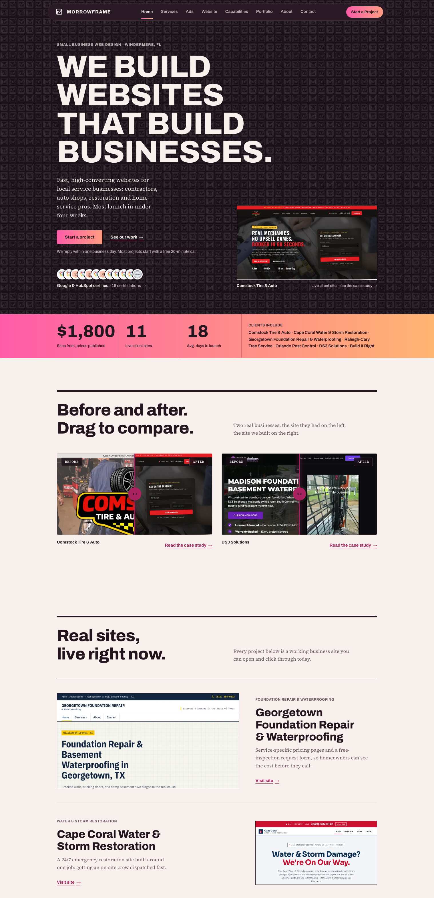 Scrolling through the live Morrowframe homepage